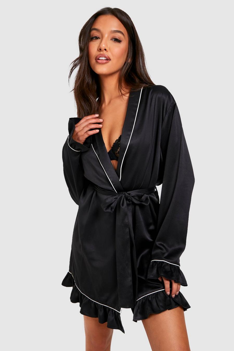 Black noir Premium Satin Frill Robe 