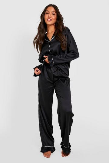 Premium Satin Frill Pyjama Trouser Set black