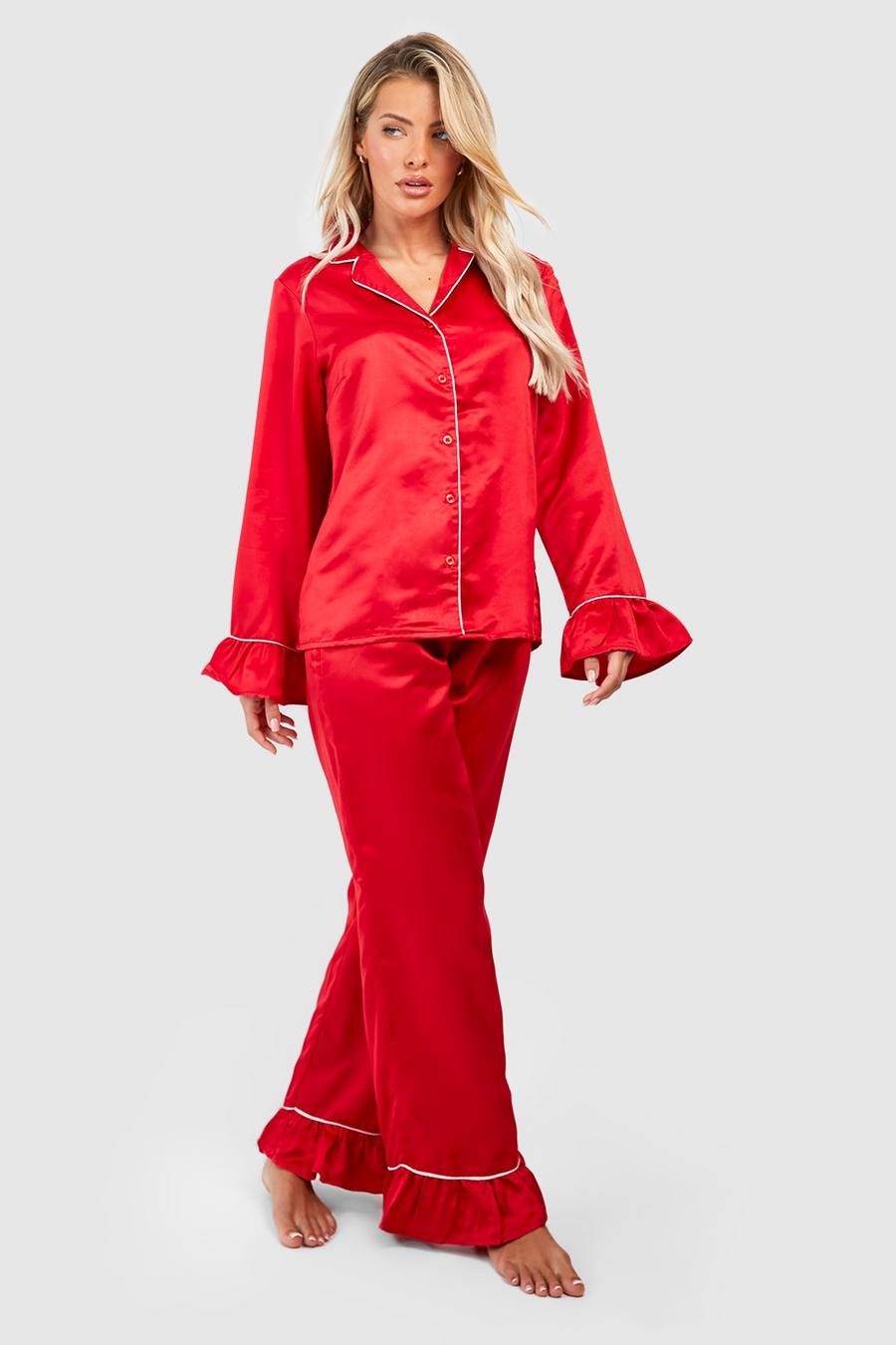 Red Premium Satijnen Pyjama Set Met Broek En Ruches