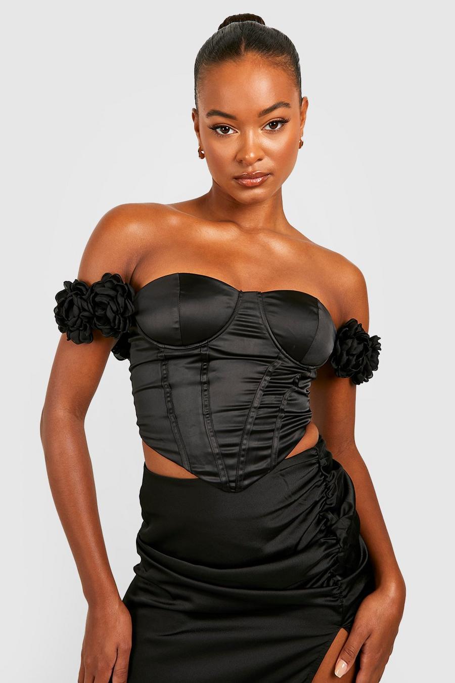 Top a corsetto Tall in raso con dettagli a forma di rose, Black image number 1