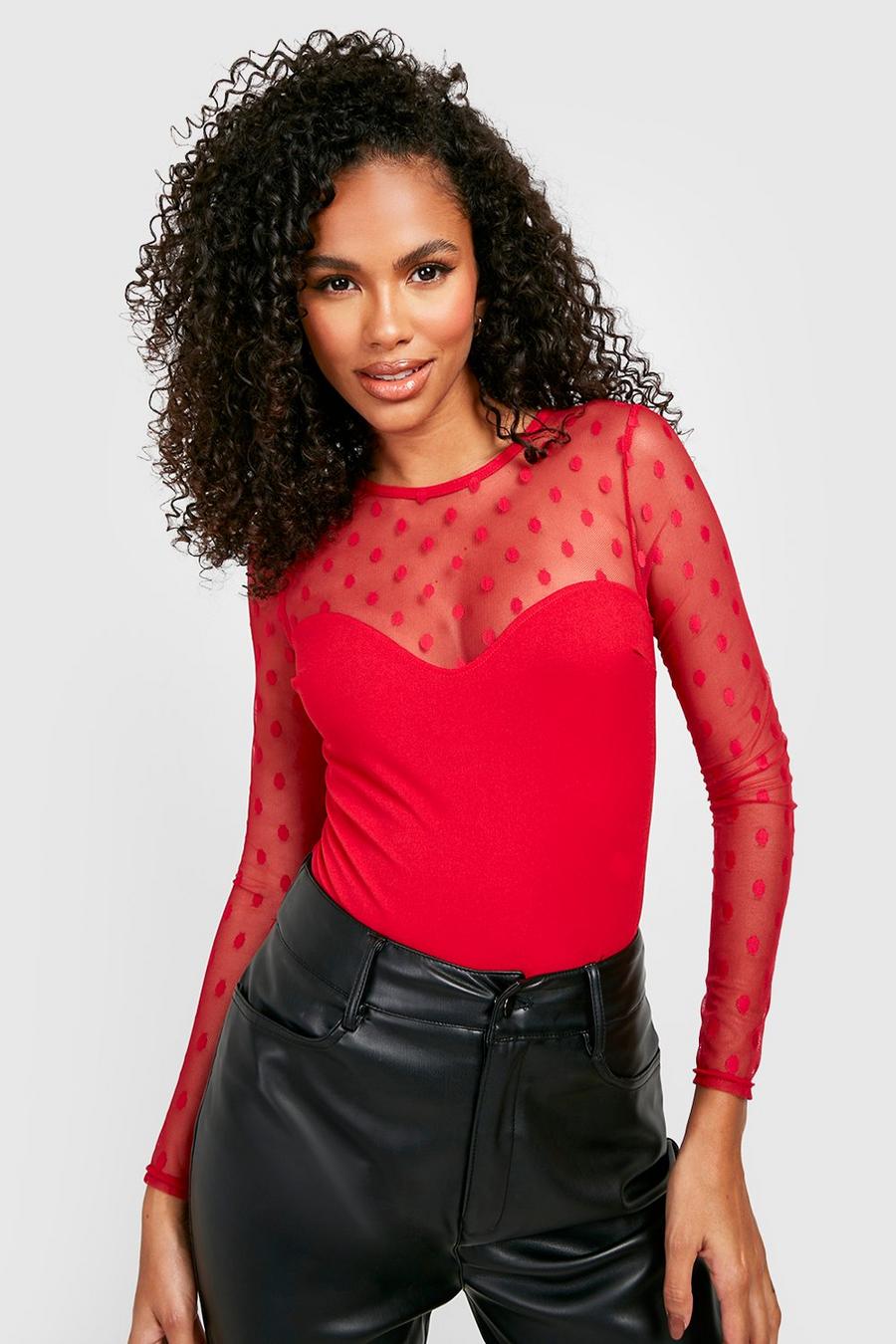 Red rosso Dobby Mesh Sweetheart Neck Bodysuit image number 1