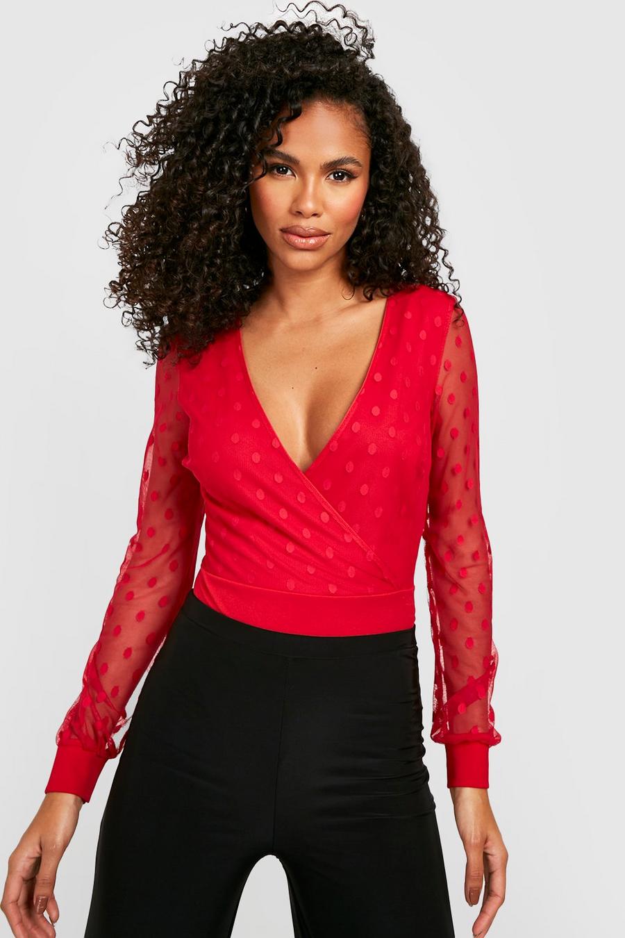 Red Dobby Mesh Wrap Bodysuit image number 1