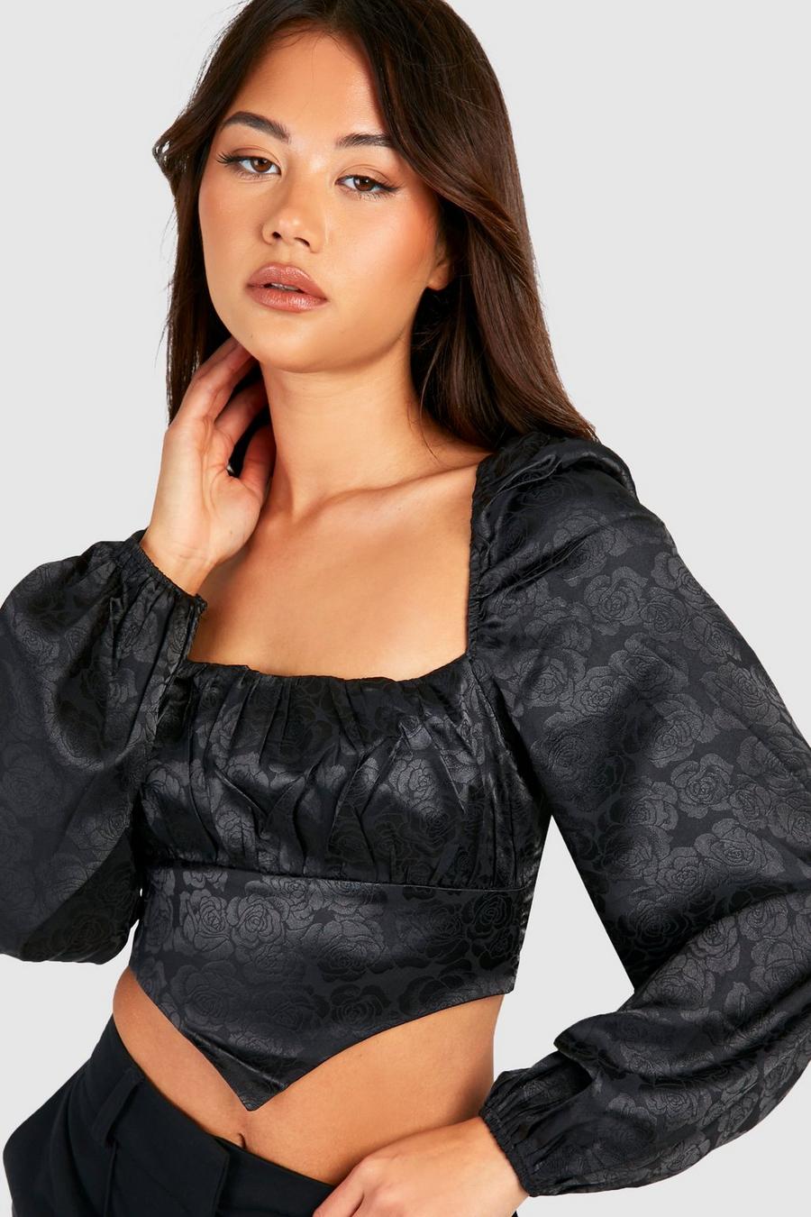Black Jacquard Floral Ruched Long Sleeve Corset
