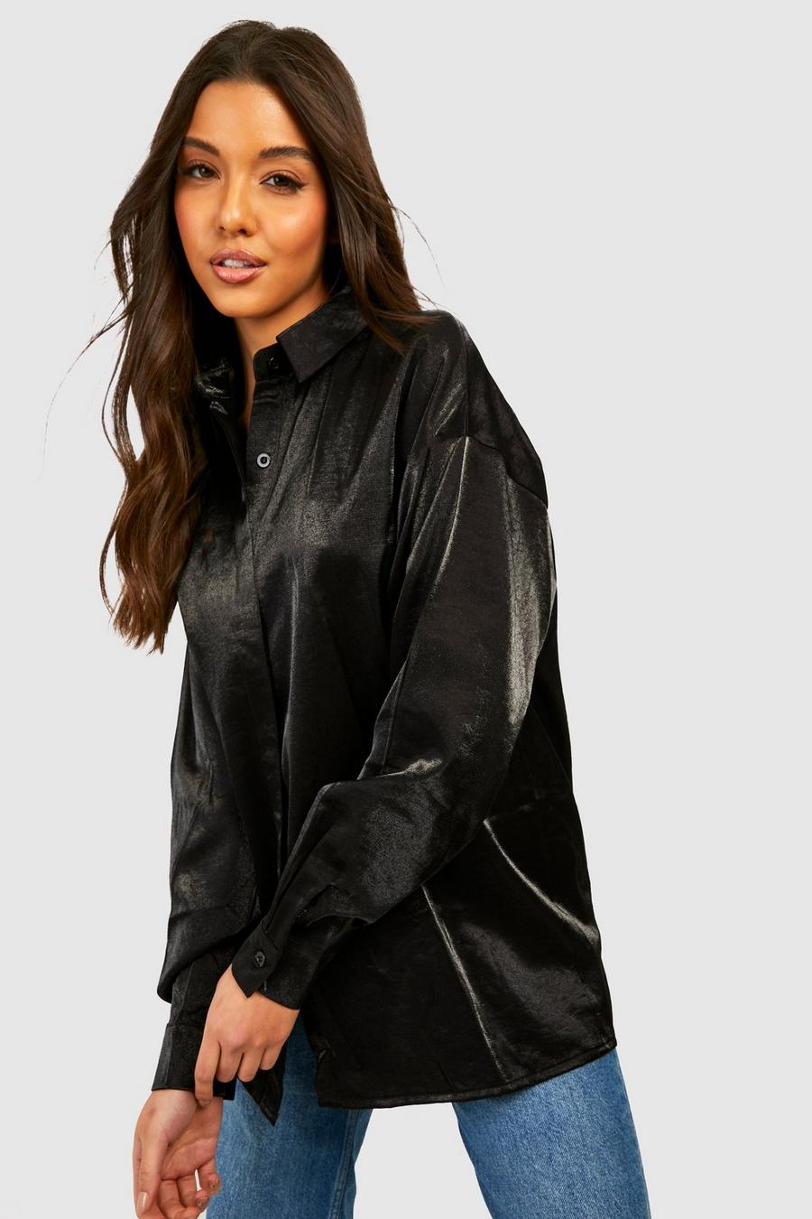 Black Shimmer Satin Oversized Shirt image number 1