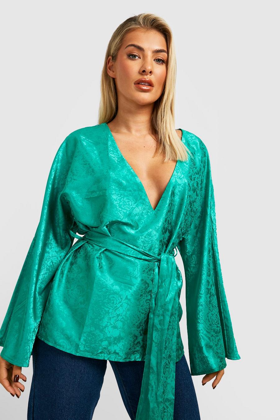 Green Jacquard Tie Front Kimono Sleeve Blouse image number 1