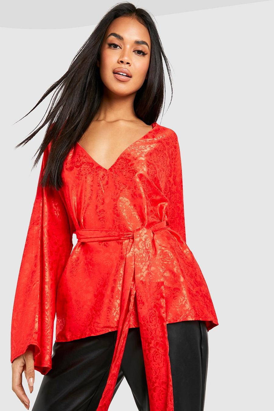 Red Jacquard Tie Front Kimono Sleeve Blouse image number 1