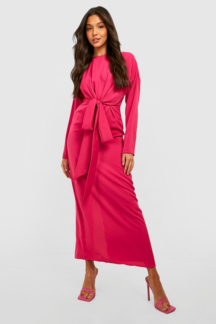 Hot pink Petite Wrap Tie Waist Satin Maxi Dress