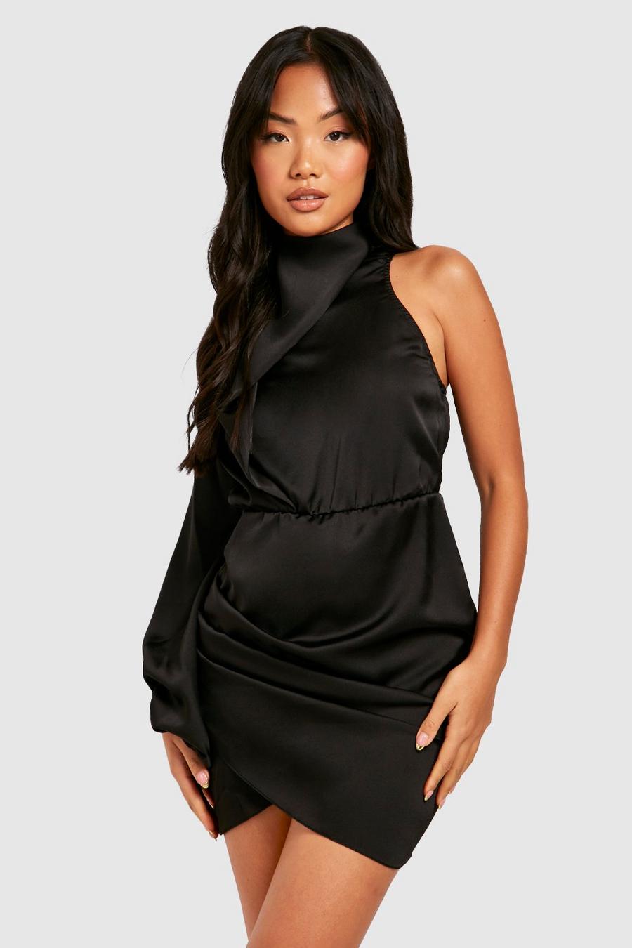 Black Petite Kort one shoulder-klänning med hög hals image number 1