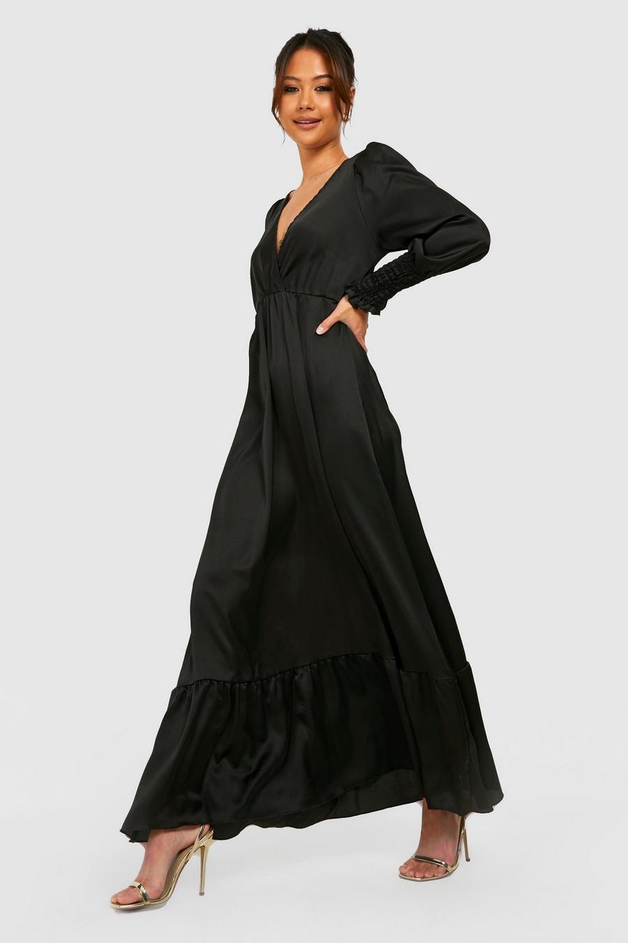 שחור שמלת מקסי סאטן עם סלסול במכפלת וכיווצים בחפתים, פטיט image number 1