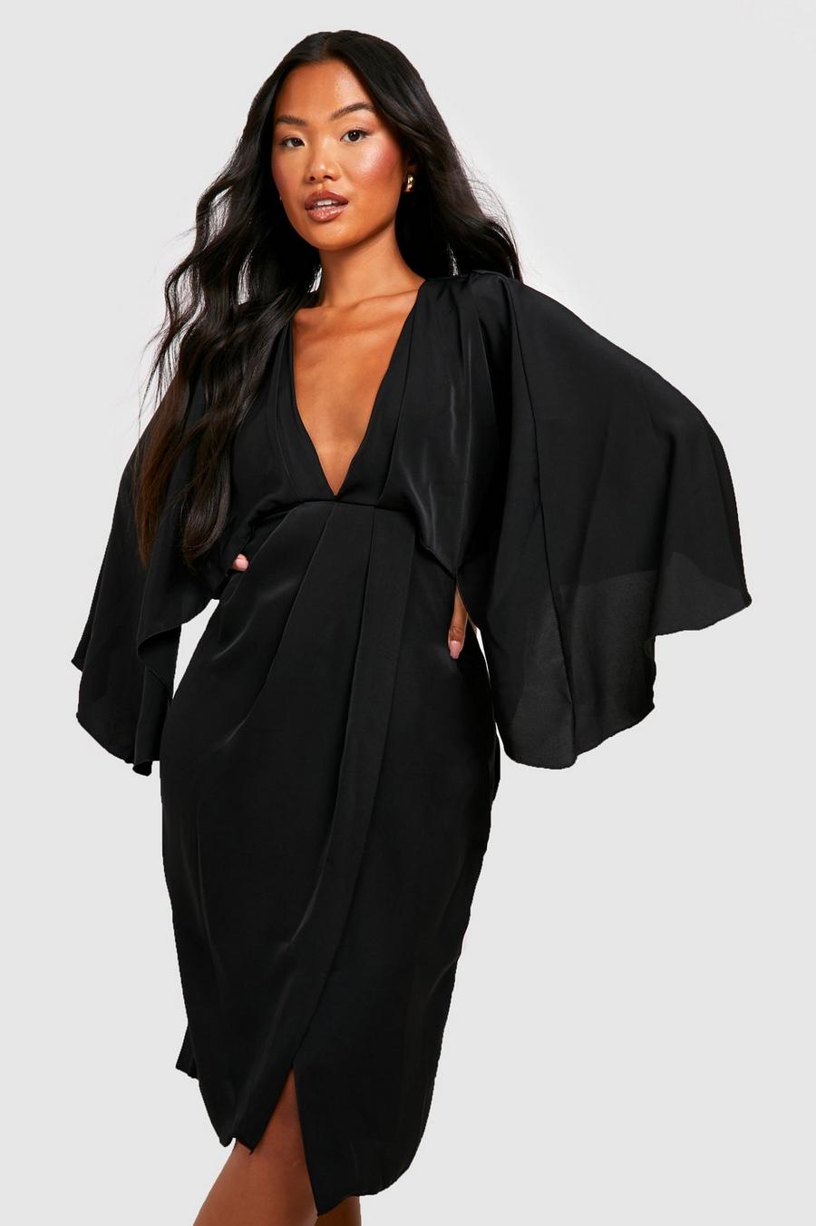 Black Petite Satin Cape Wrap Midi Dress