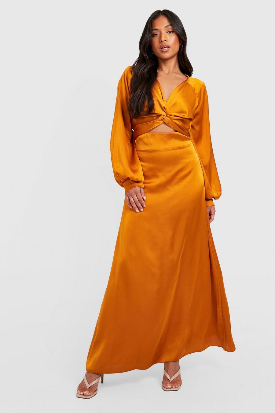 Gold Petite Twist Volume Sleeve Satin Maxi Dress image number 1