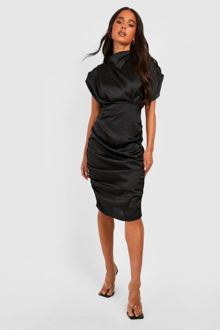 Black Petite Drape Satin Ruched Midi Dress image number 1