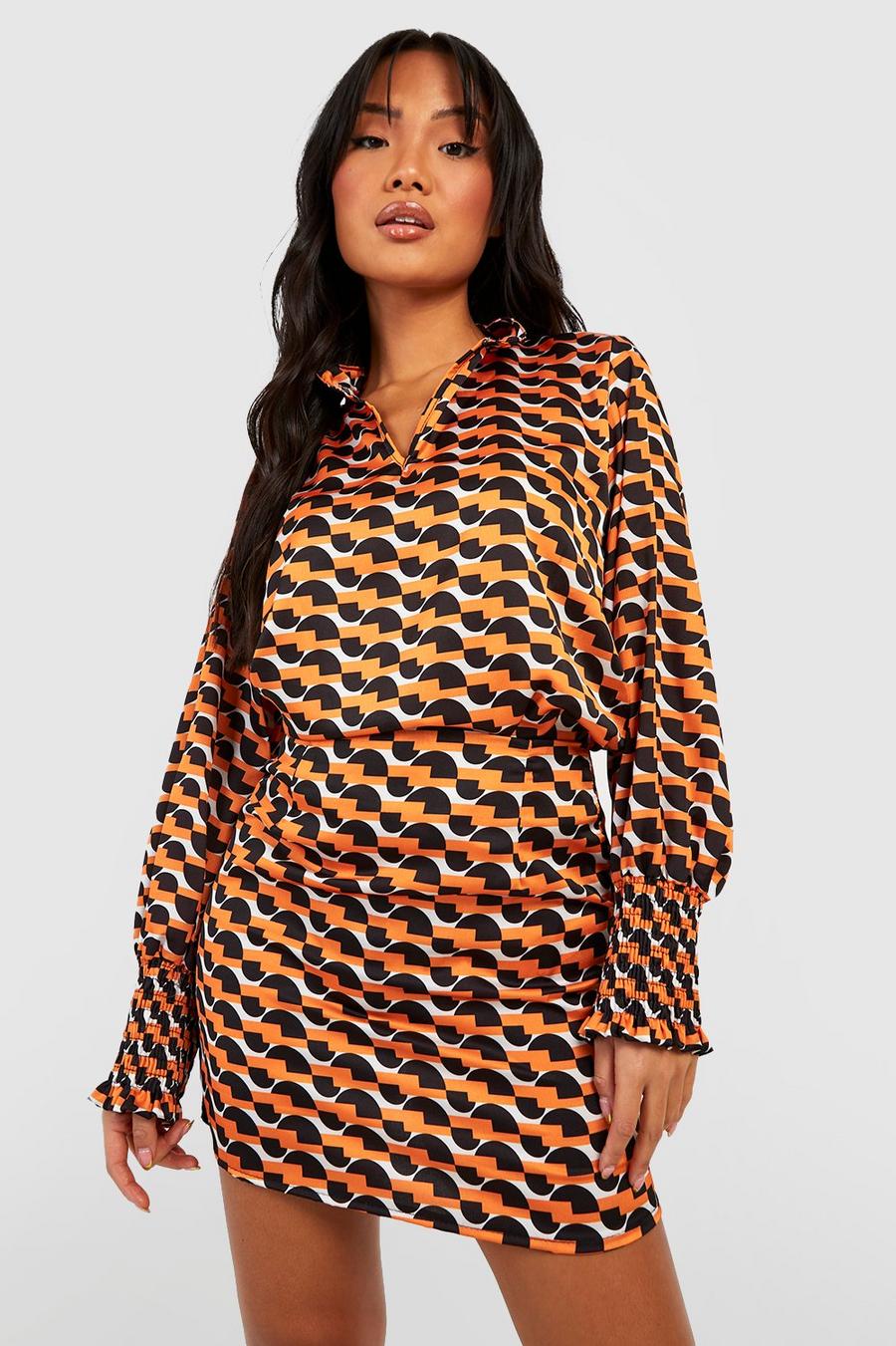 Camicia Petite a collo alto con maniche ampie e motivi geometrici, Orange image number 1