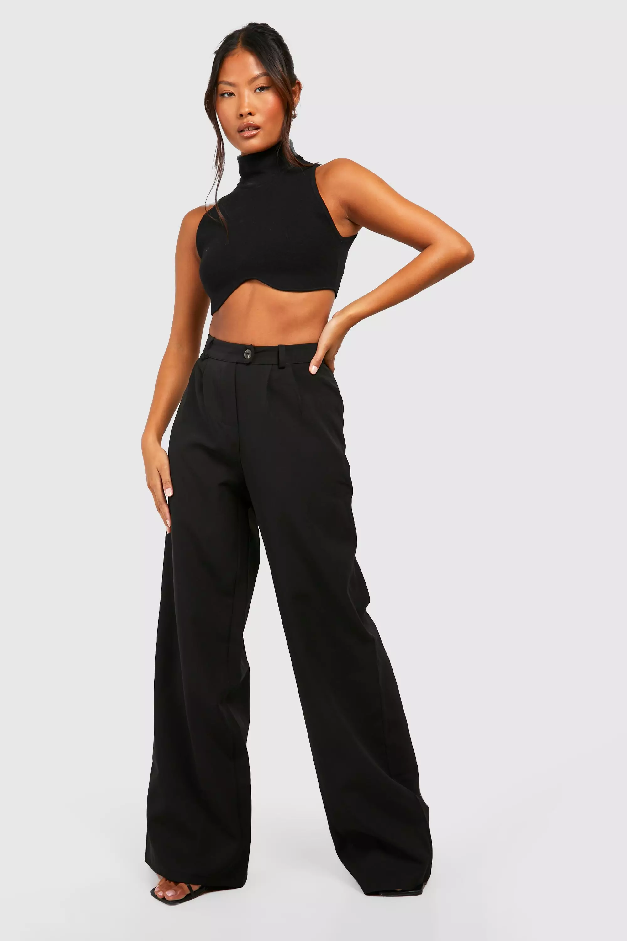 Petite High Waisted Woven Wide Leg Pants, Boohoo