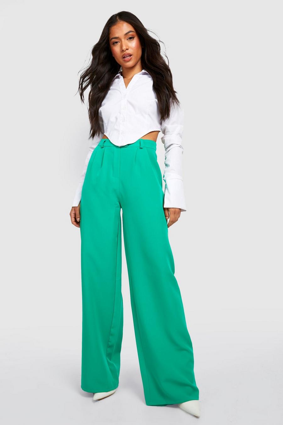 Green Petite Woven Pleat Wide Leg Tailored Trouser image number 1
