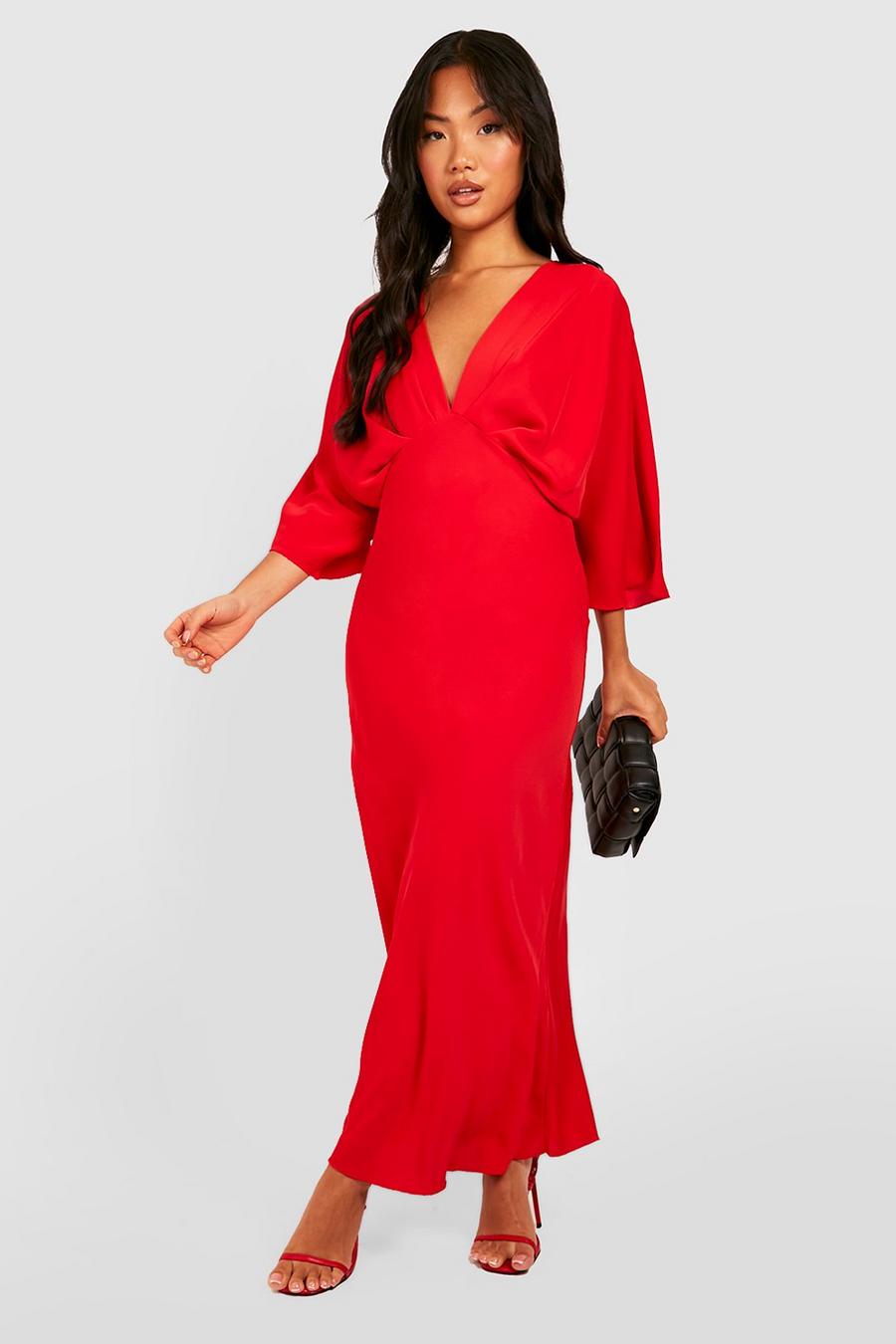 Red שמלת מקסי עם שרוולי מלאך וחיתוך אלכסוני, פטיט image number 1