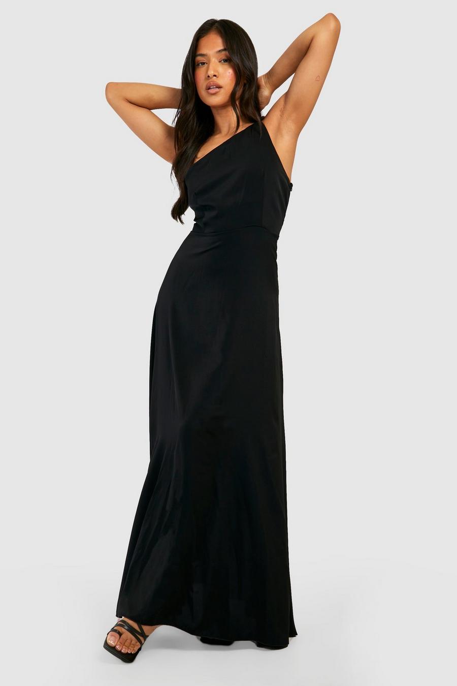 Black Petite Satin Asymmetric Maxi Dress image number 1