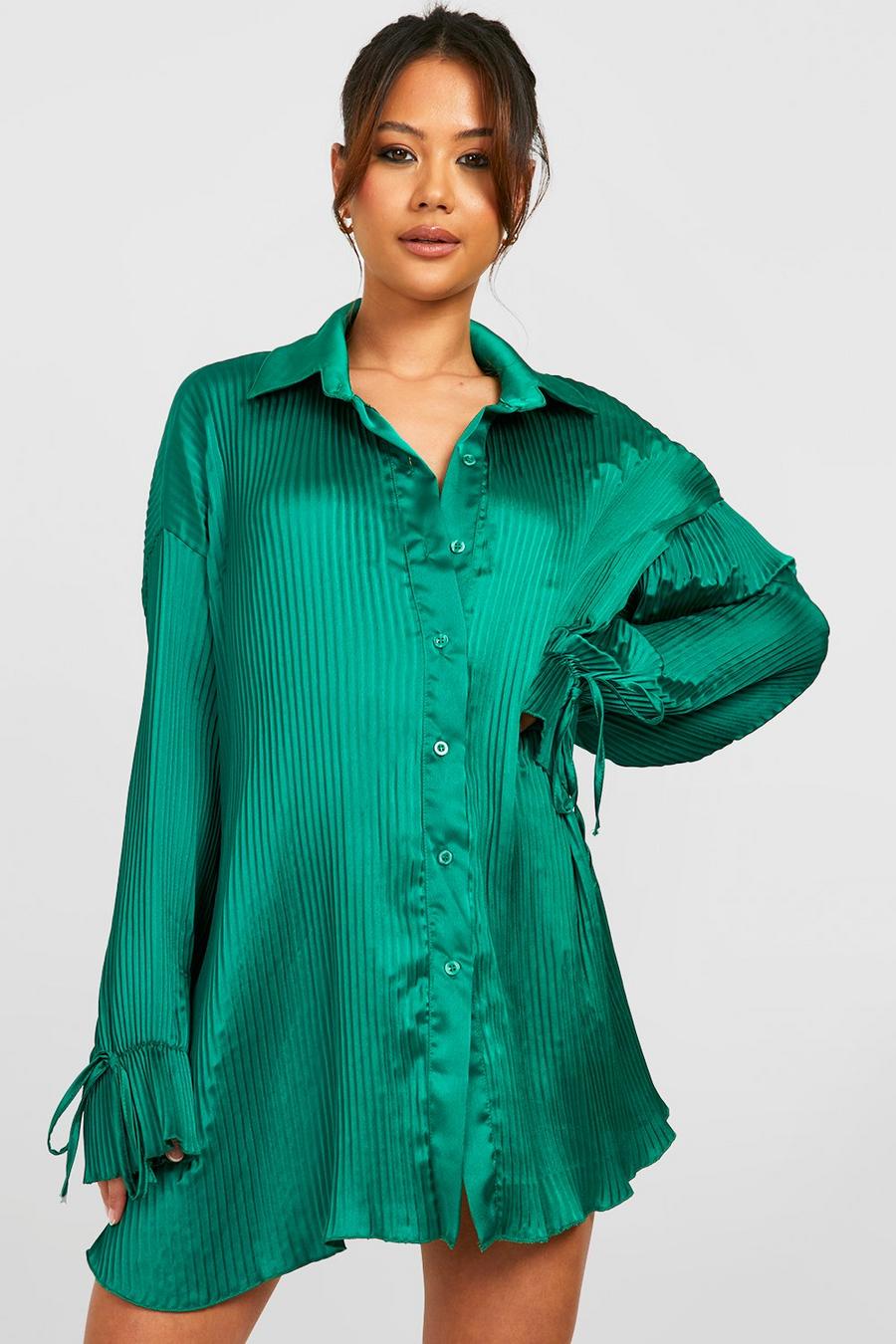 Green Petite Satin Plisse Tie Cuff Shirt Dress