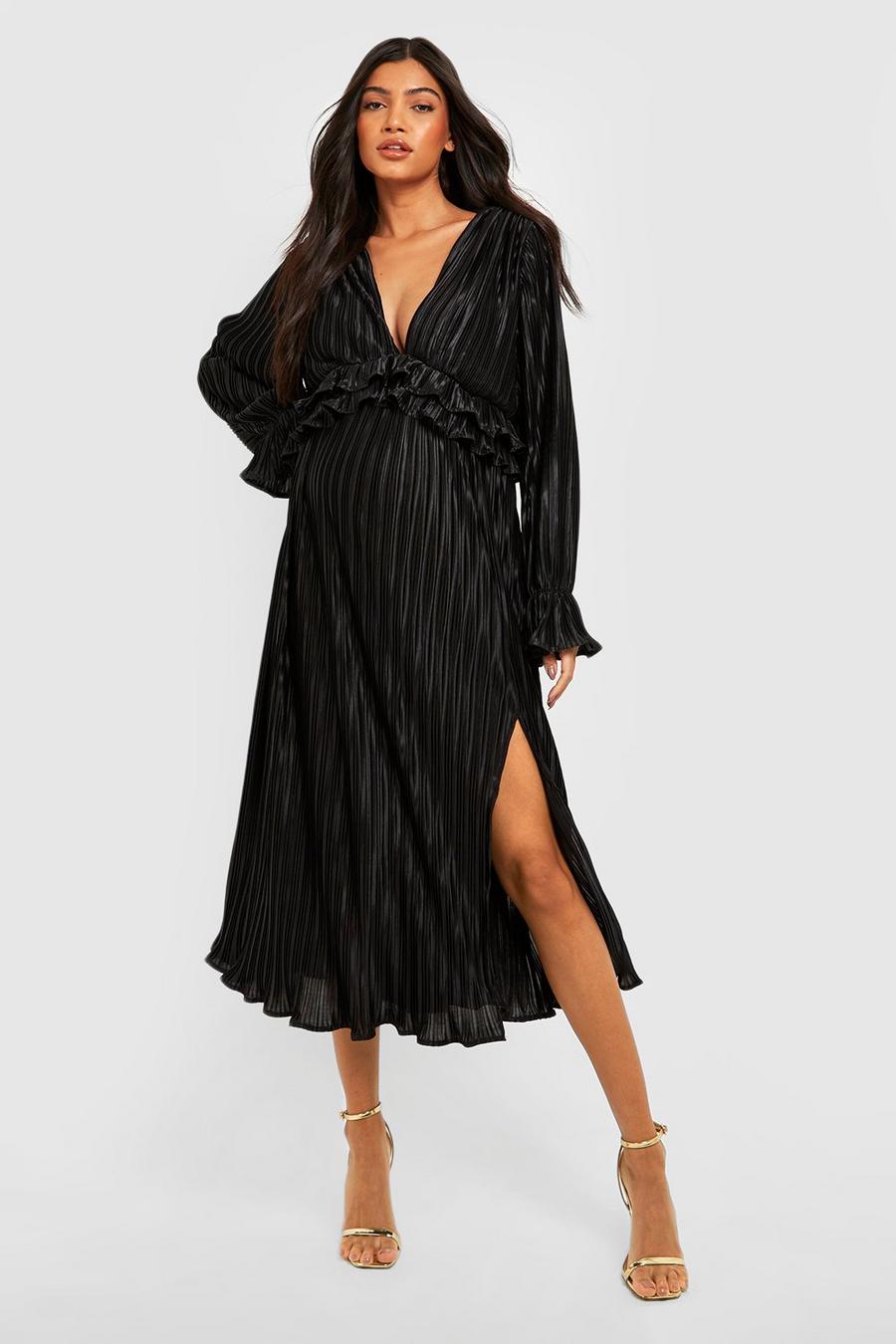Umstandsmode Satin Plissee-Kleid mit Rüschen, Black image number 1