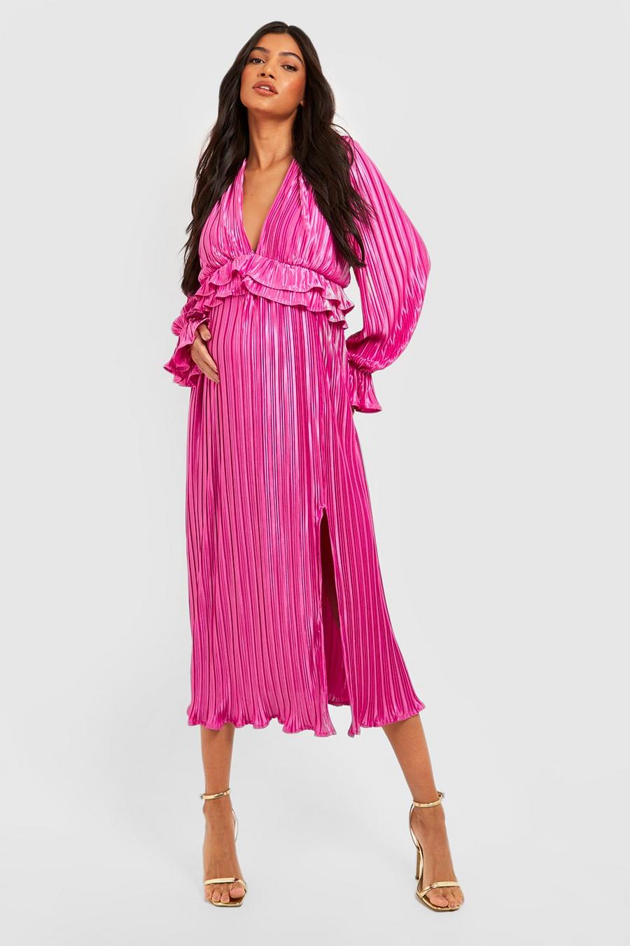 Umstandsmode Satin Plissee-Kleid mit Rüschen, Hot pink image number 1