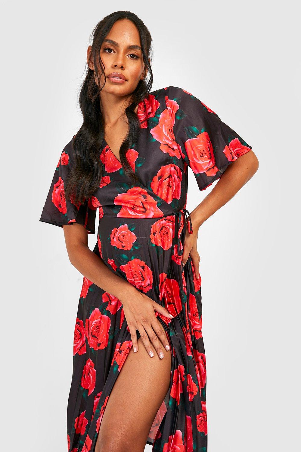 Maternity Rose Print Wrap Pleated Midi Skater Dress