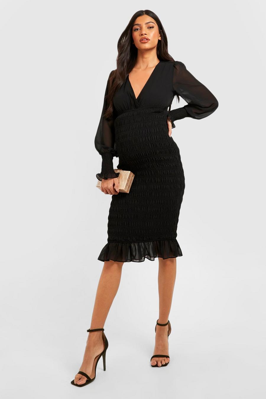 Black Maternity Shirred Wrap Midi Dress image number 1