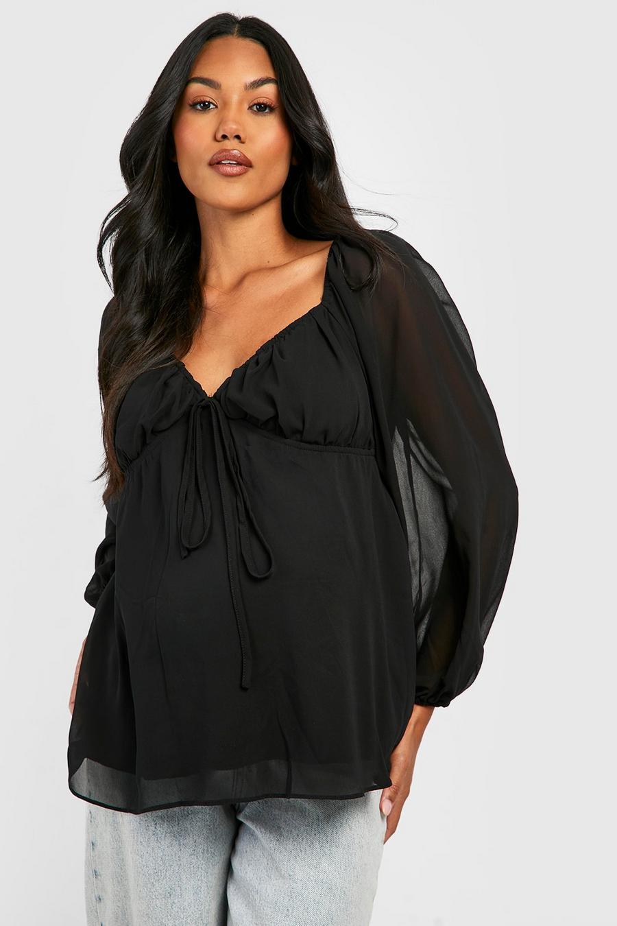 Black Maternity Long Puff Sleeve Smock Top image number 1