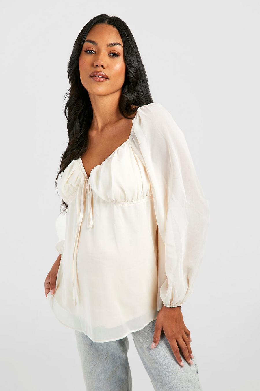 Ivory white Maternity Long Puff Sleeve Smock Top