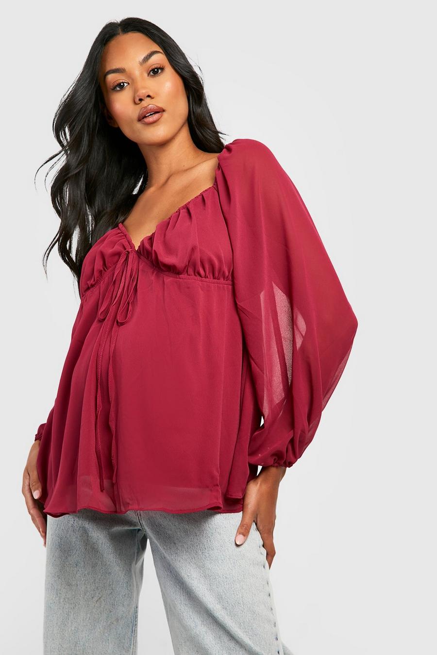 Wine red Maternity Long Puff Sleeve Smock Top