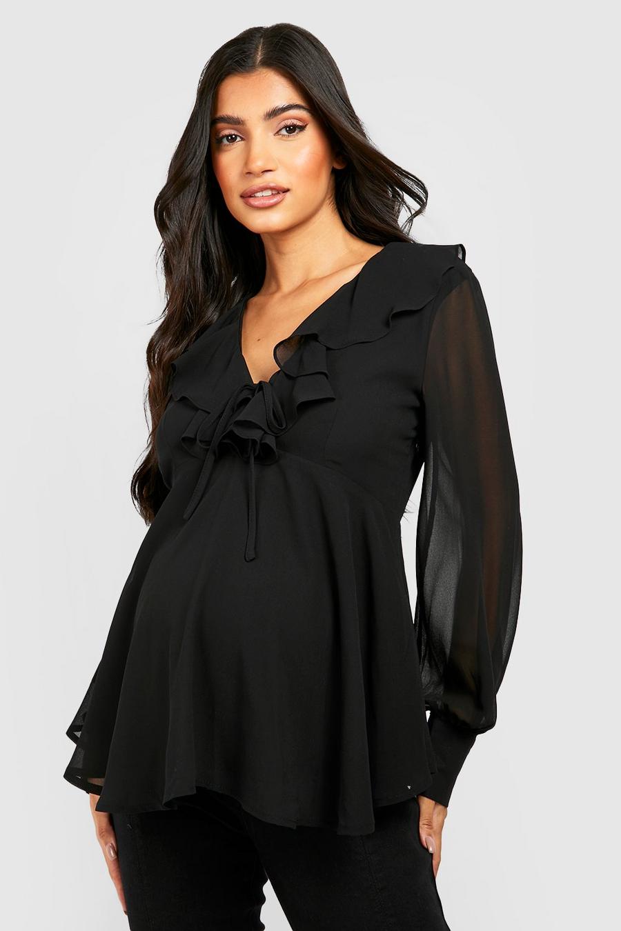 Black Maternity Ruffle Tie Front Smock Top image number 1