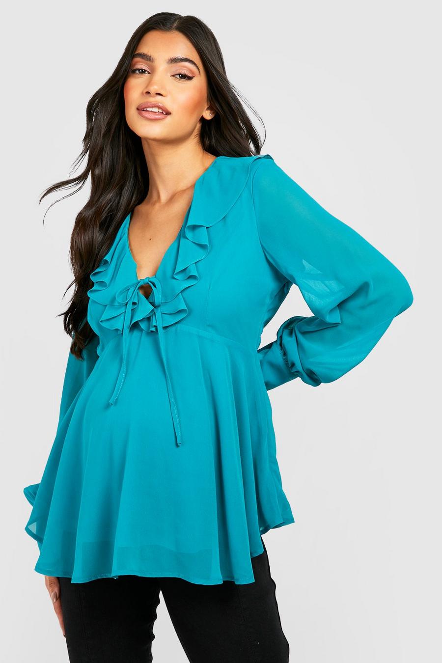 Teal Maternity Ruffle Tie Front Smock Top image number 1