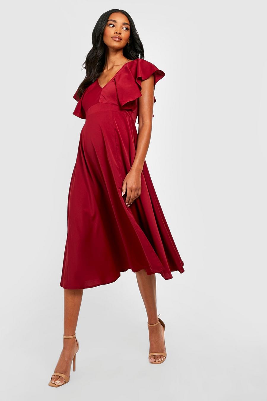 Wine Maternity Occasion Tie Back Frill Midi Dress image number 1