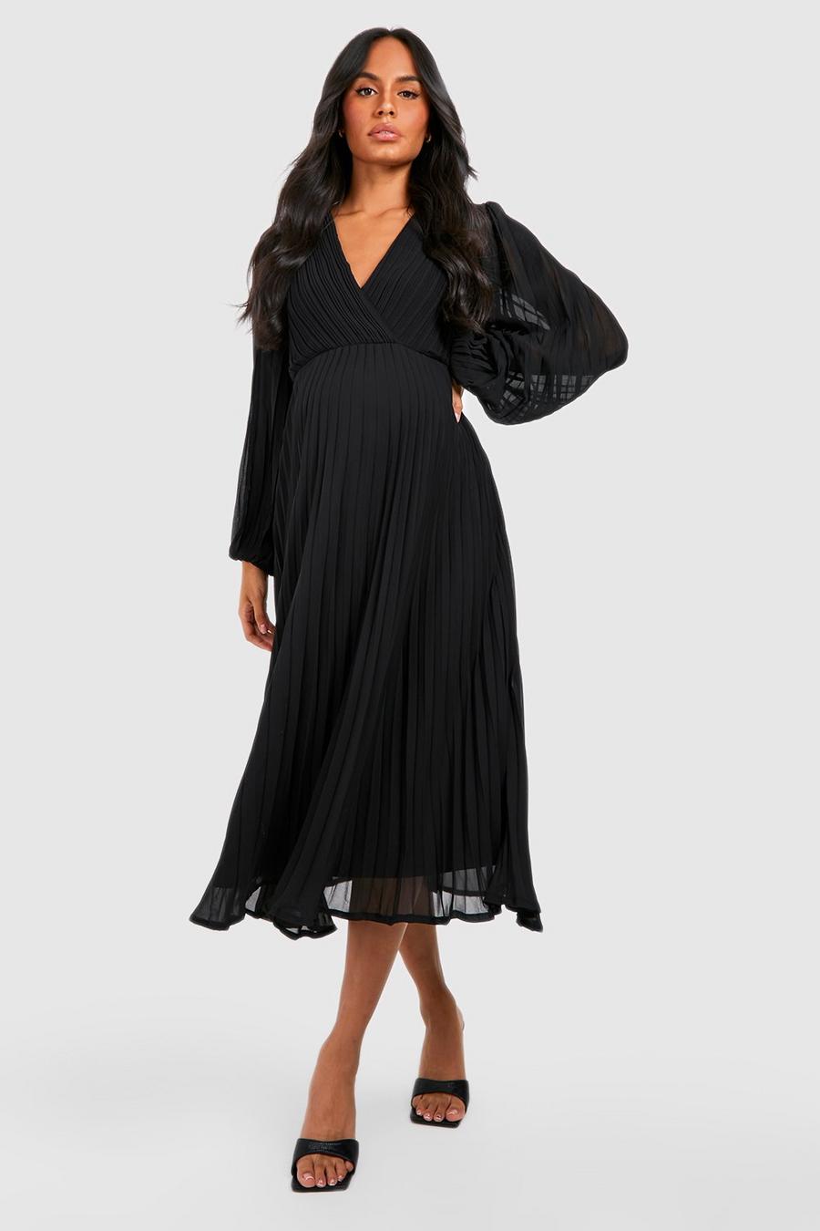 Black Maternity Pleated Wrap Midaxi Dress