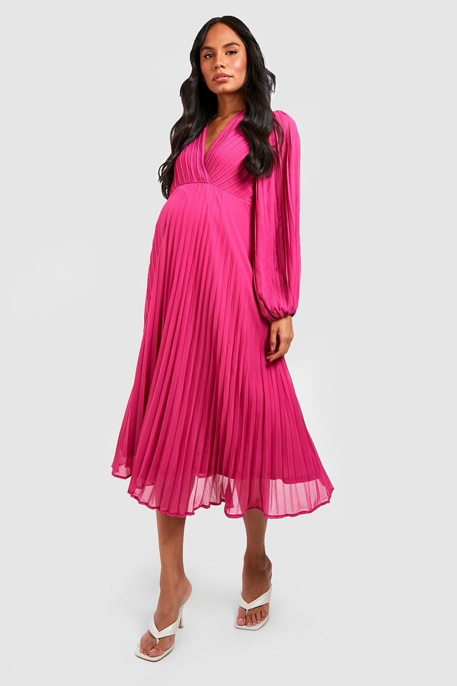 Hot pink Maternity Pleated Wrap Midaxi Dress image number 1