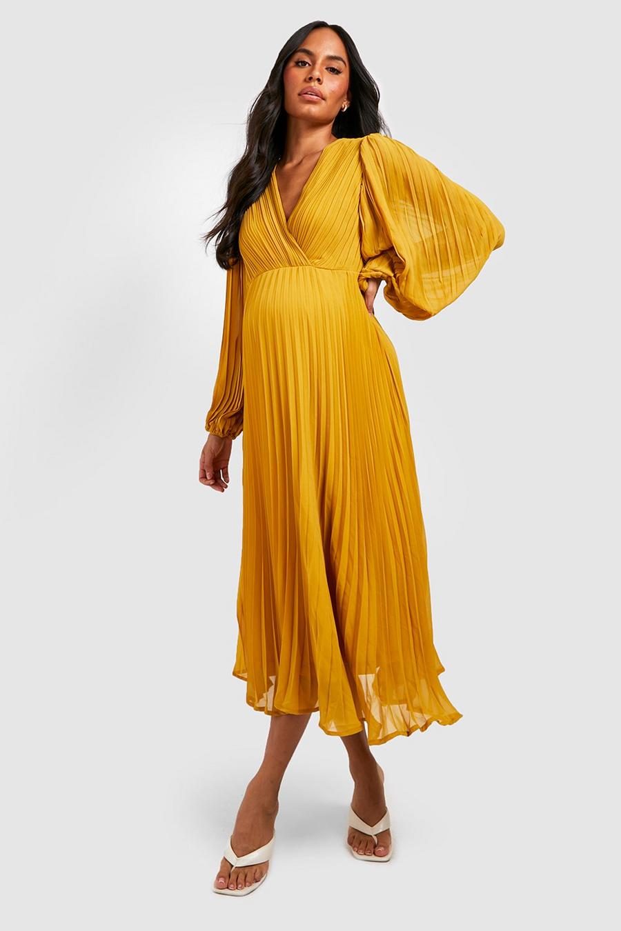 Mustard yellow Maternity Pleated Wrap Midaxi Dress