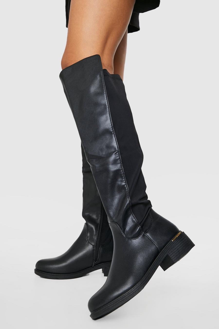 Black Contrast Panel Knee High Boots