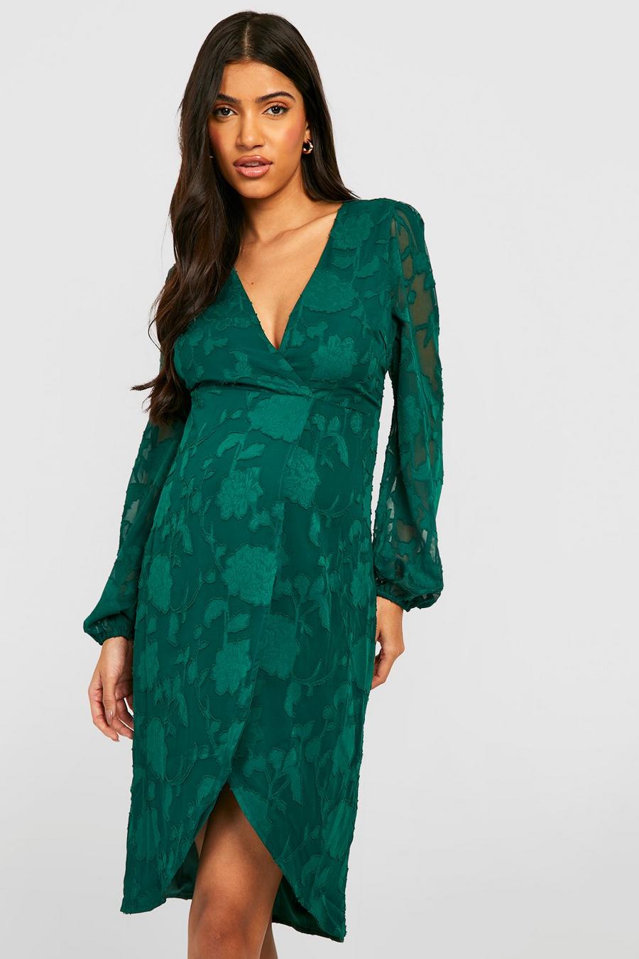 Dark green Maternity Burnout Floral Wrap Midi Dress