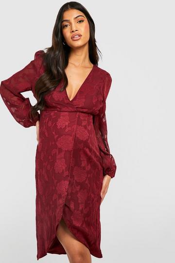 Maternity Burnout Floral Wrap Midi Dress wine