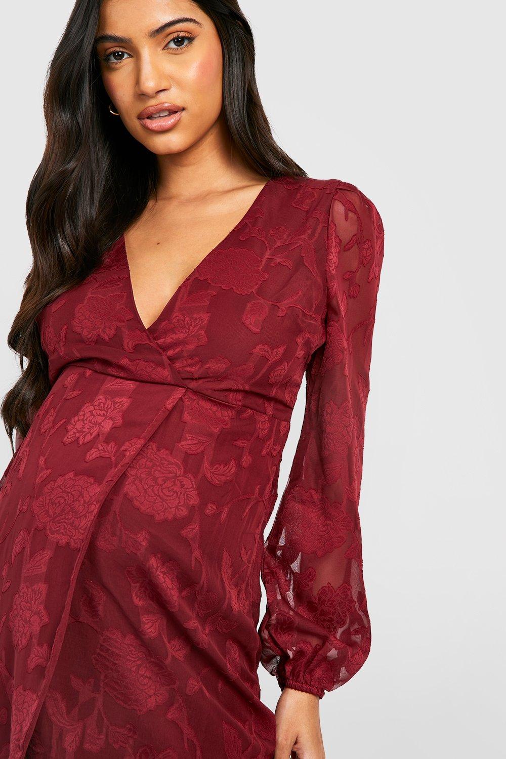 Maternity Burgundy Satin Midi Wrap Dress