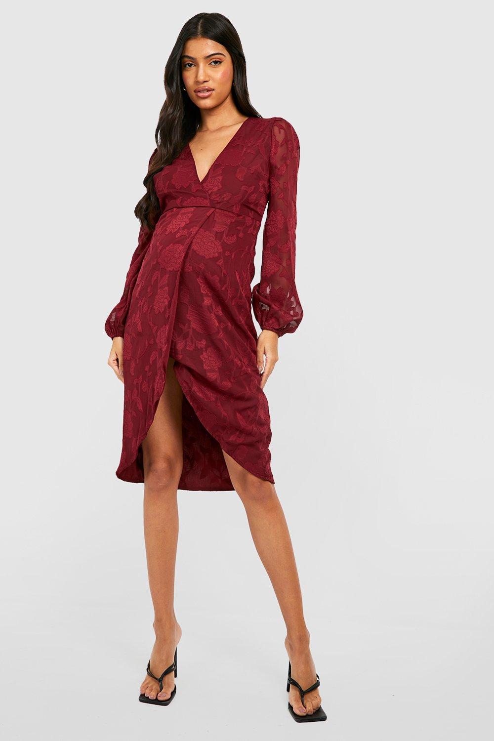 Red Midi Wrap Maternity Dress