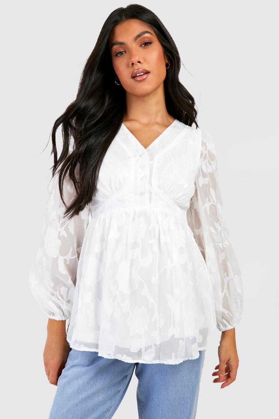 White Maternity Burnout Floral Button Down Smock Top image number 1