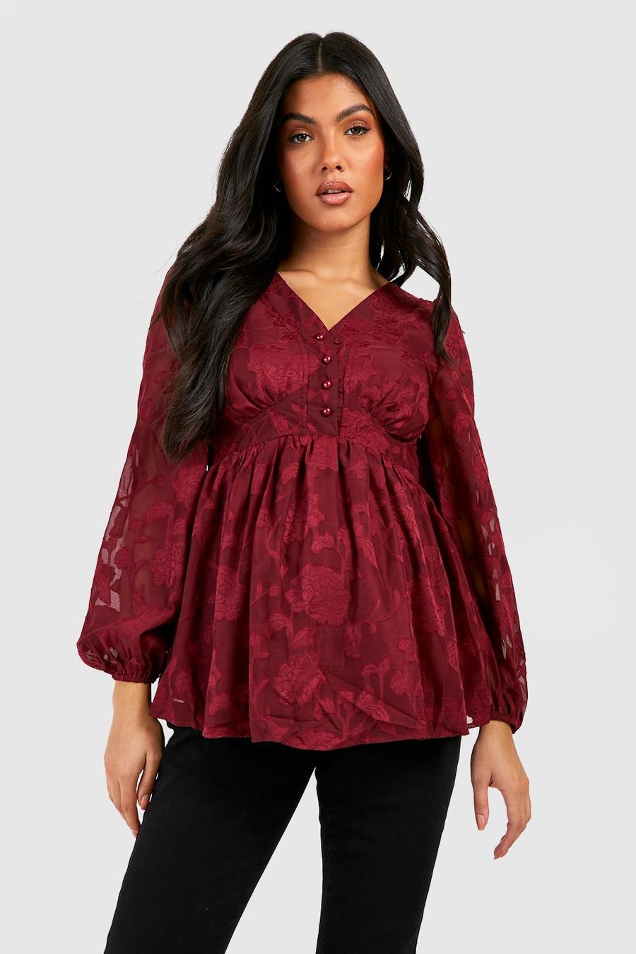 Wine red Maternity Burnout Floral Button Down Smock Top image number 1