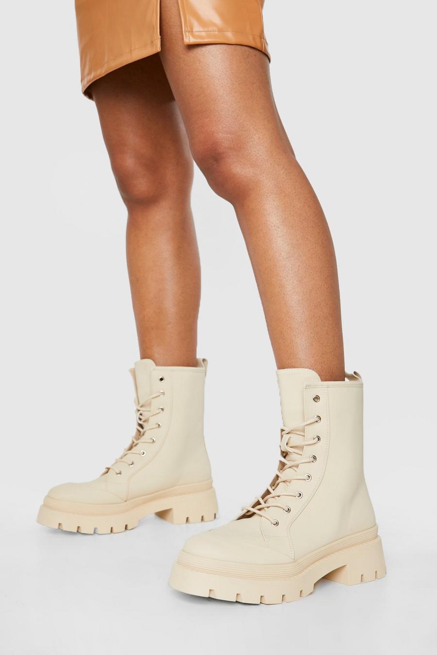 Cream white Chunky Rubber Toe Cap Hiker Boots