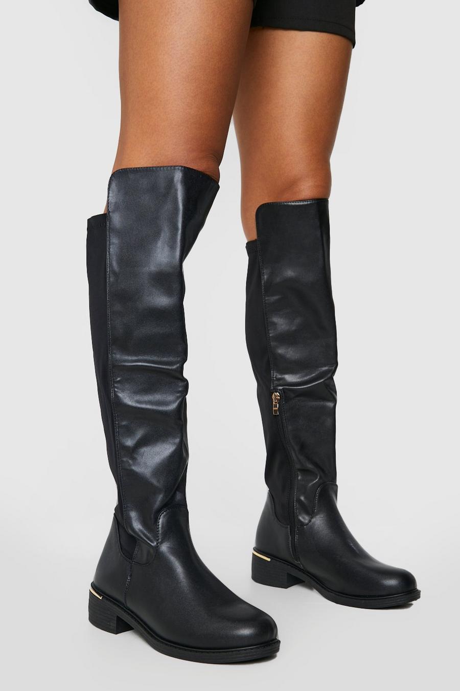 Black Wide Fit Contrast Panel Knee High Boots