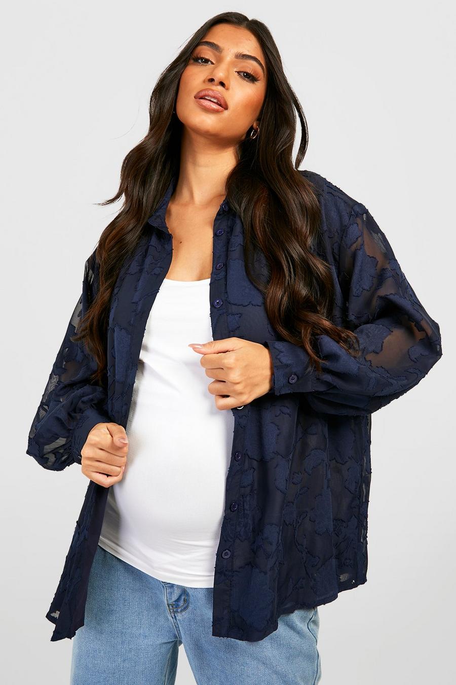 Navy Maternity Oversized Burnout Floral Shirt image number 1