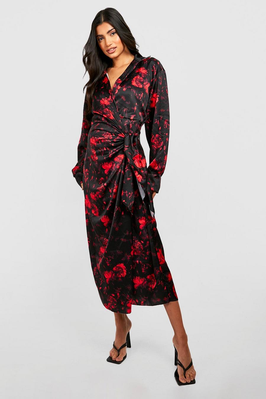 Wine Maternity Floral Satin Wrap Midi Dress image number 1