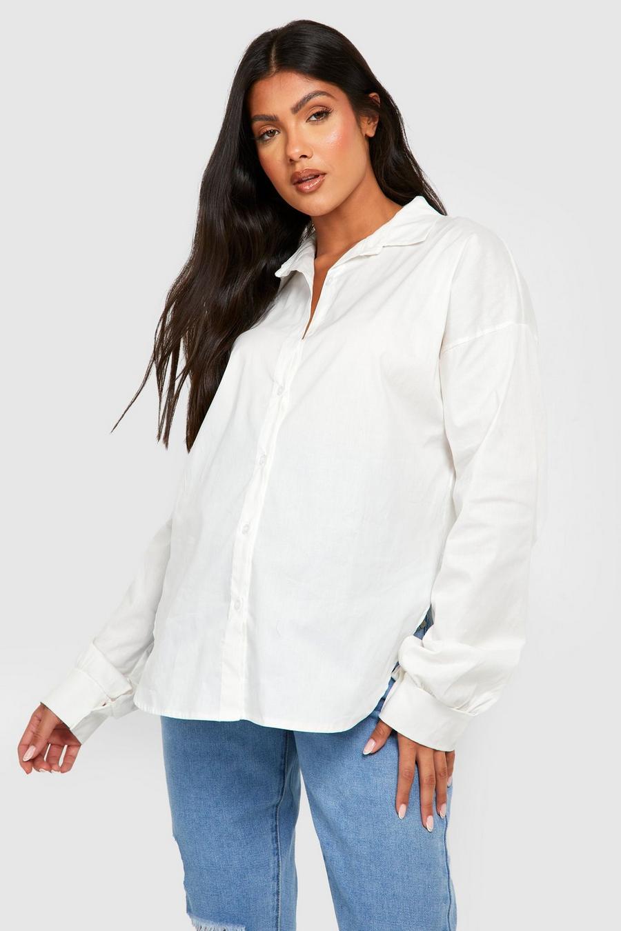 White Maternity Curved Hem Poplin Shirt