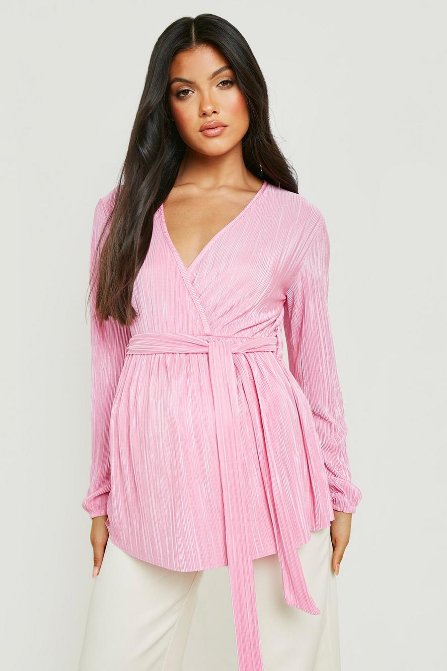 Pink Maternity Plisse Tie Front Smock Top