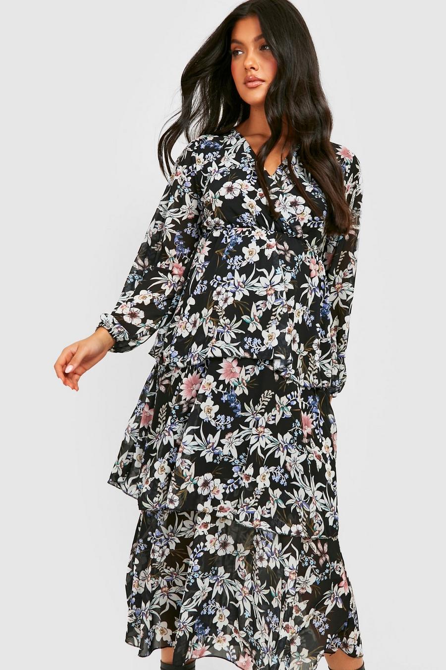 Black Maternity Floral Tiered Midi Dress image number 1