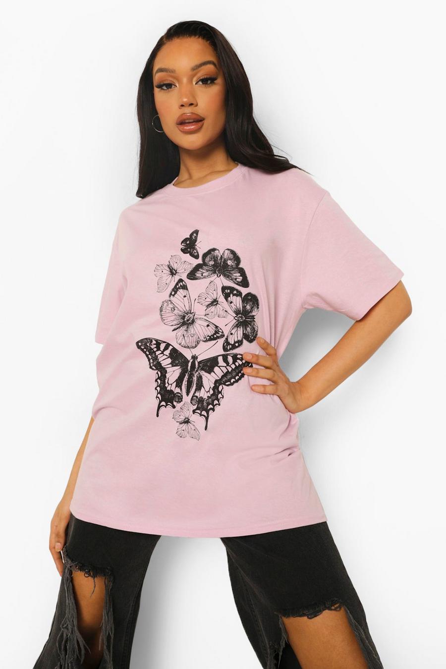 Lilac grey Butterfly Print Oversized T-shirt image number 1